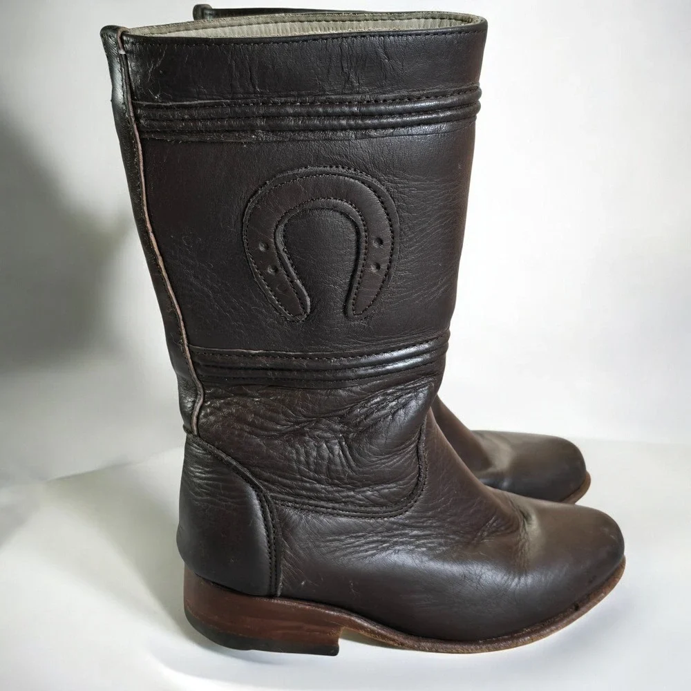 Mor Rom Kids Brown Leather Cowboy Boots with Horseshoe Detail Size 16.5‎